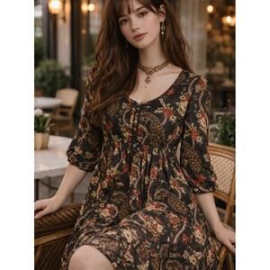 H&M Womens Babydoll Tunic Dress SIZE 4 Boho Peacock Bird Floral Lined 3/4 Sleeve